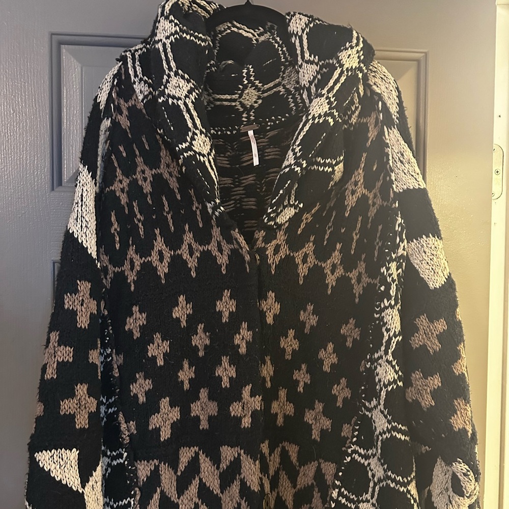 Free People Black and Cream Geometric Cardigan